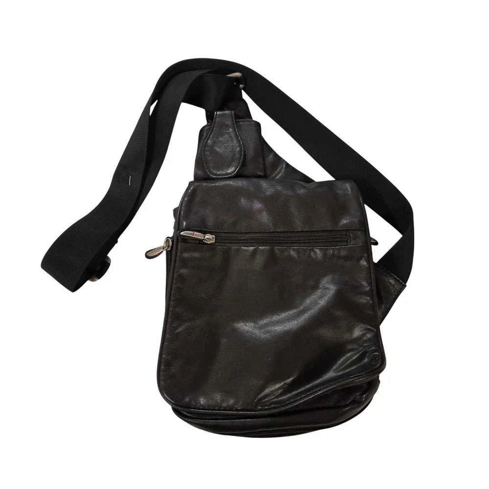 Travelon Dark Brown Leather Sling Crossbody Bag Multi-Pocket Travel Messenger